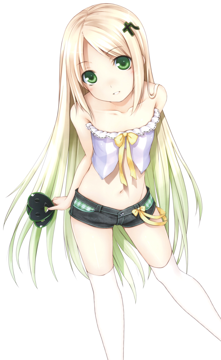 bare_shoulders, blonde_hair, blush, flat_chest, from_above, green_eyes, hair_ornament, heart
