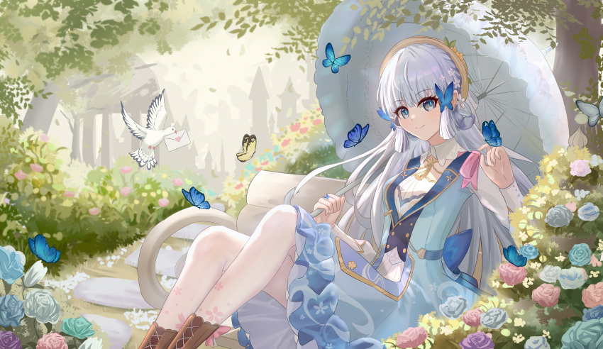 1girl, absurdres, aichinaigai, bird, blue_dress, blue_eyes, blue_flower, bug, butterfly, butterfly_hair_ornament, chinese_commentary, collar, commentary_request, day, detached_collar, dove, dress, feet_out_of_frame, flower, genshin_impact, hair_ornament, hand_up, hat, highres, holding, holding_umbrella, kamisato_ayaka, kamisato_ayaka_(springbloom_missive), letter, long_hair, looking_at_viewer, nail_polish, nature, official_alternate_costume, on_bench, outdoors, pantyhose, pink_flower, purple_flower, sitting, smile, solo, tassel, tree, umbrella, very_long_hair, white_collar, white_flower, white_hair, white_pantyhose, white_umbrella