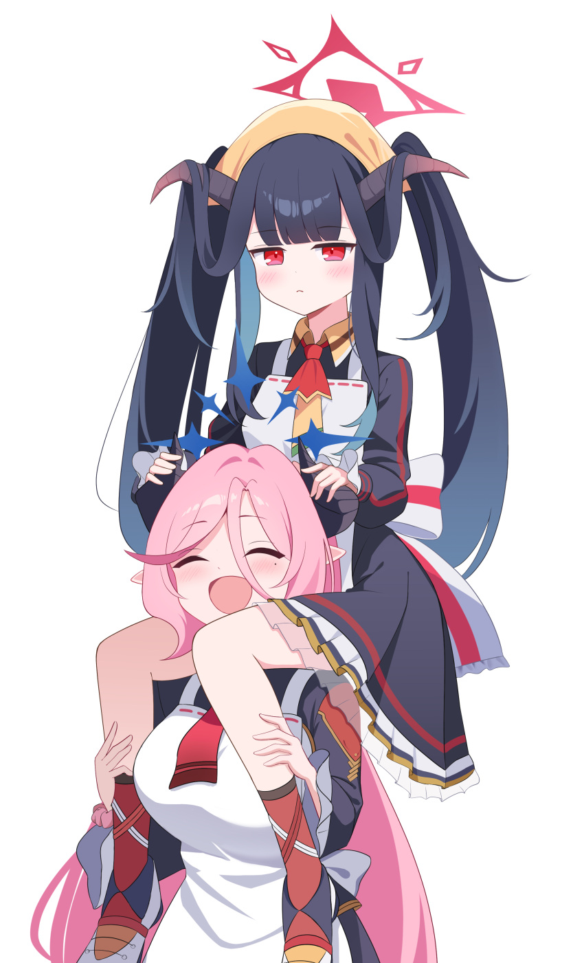 2girls, ^_^, absurdres, apron, black_dress, black_hair, blue_archive, blush