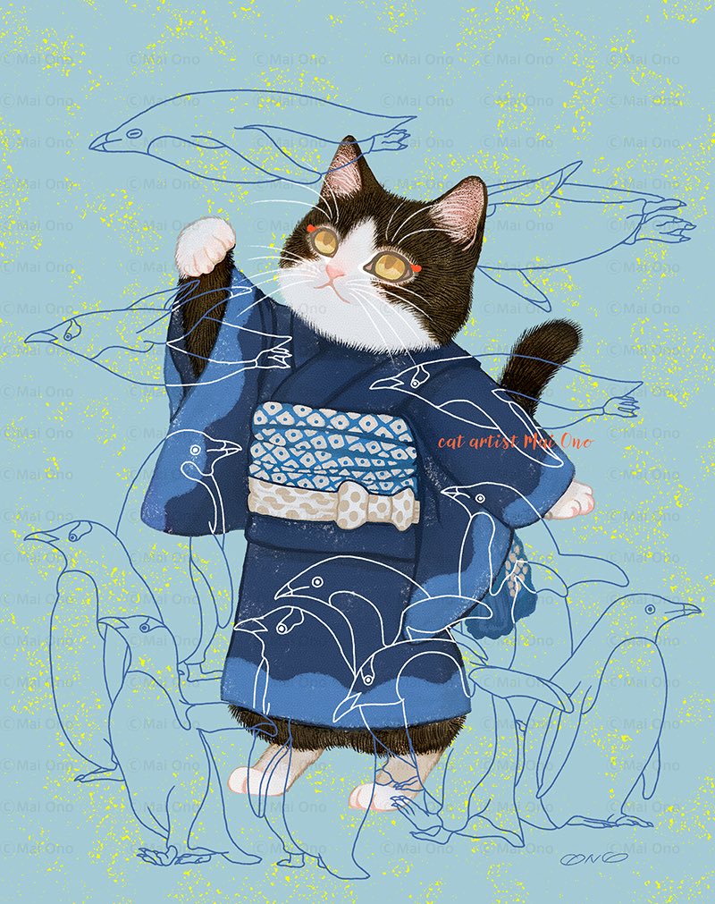 1other, animal, animal_ears, animal_hands, bird, black_fur, blue_background, blue_kimono