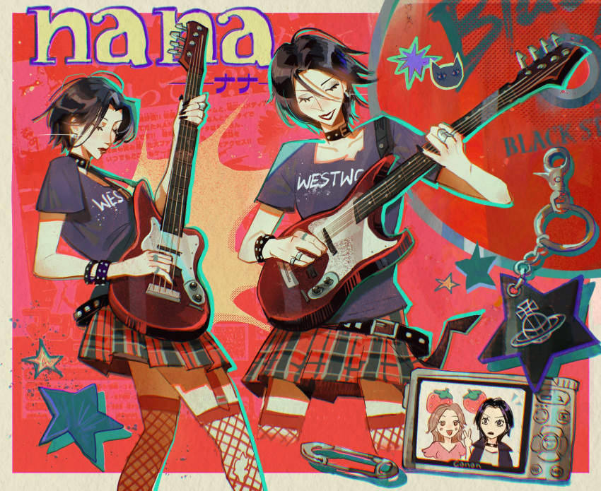 2girls, belt, belt_collar, black_belt, black_bracelet, black_hair, black_jacket, black_shirt