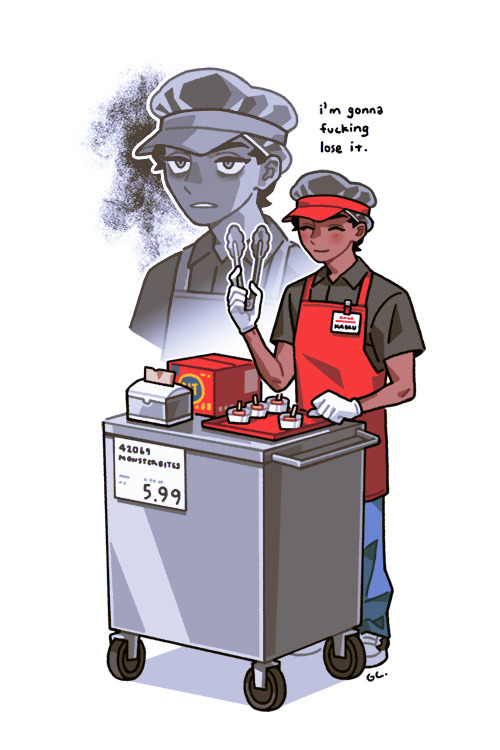 1boy, apron, black_shirt, blue_pants, cart, closed_eyes, contemporary, costco