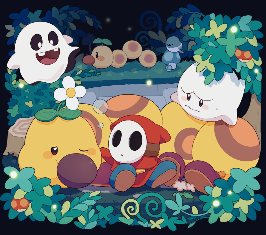 black_background, blush_stickers, boo_(mario), creature, flower, highres, mask, mofupoyo