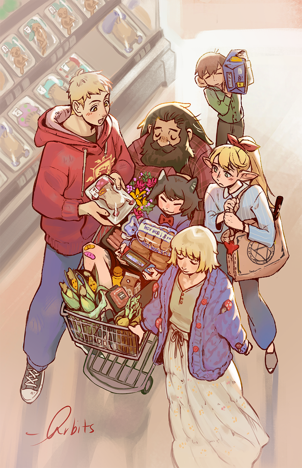 3boys, 3girls, :d, animal_ears, bag, black_hair, blonde_hair, blue_coat