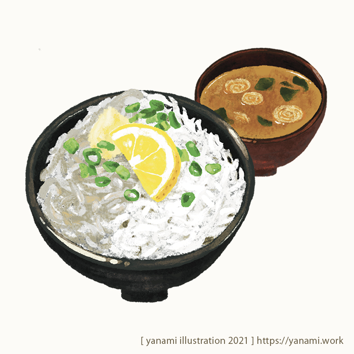 artist_name, bowl, chopped_spring_onion, commentary_request, food, food_focus, food_request, fruit, lemon, lemon_slice, no_humans, noodles, original, realistic, rice, simple_background, udon, web_address, white_background, yanami015