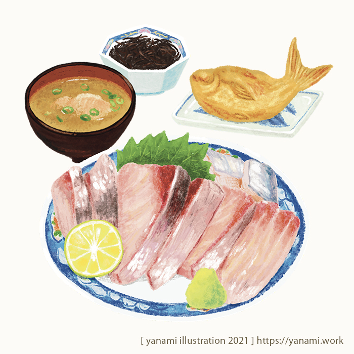 artist_name, bowl, fish_(food), food, food_focus, food_request, fruit, lemon, lemon_slice, no_humans, noodles, original, plate, realistic, sashimi, simple_background, udon, white_background, yanami015
