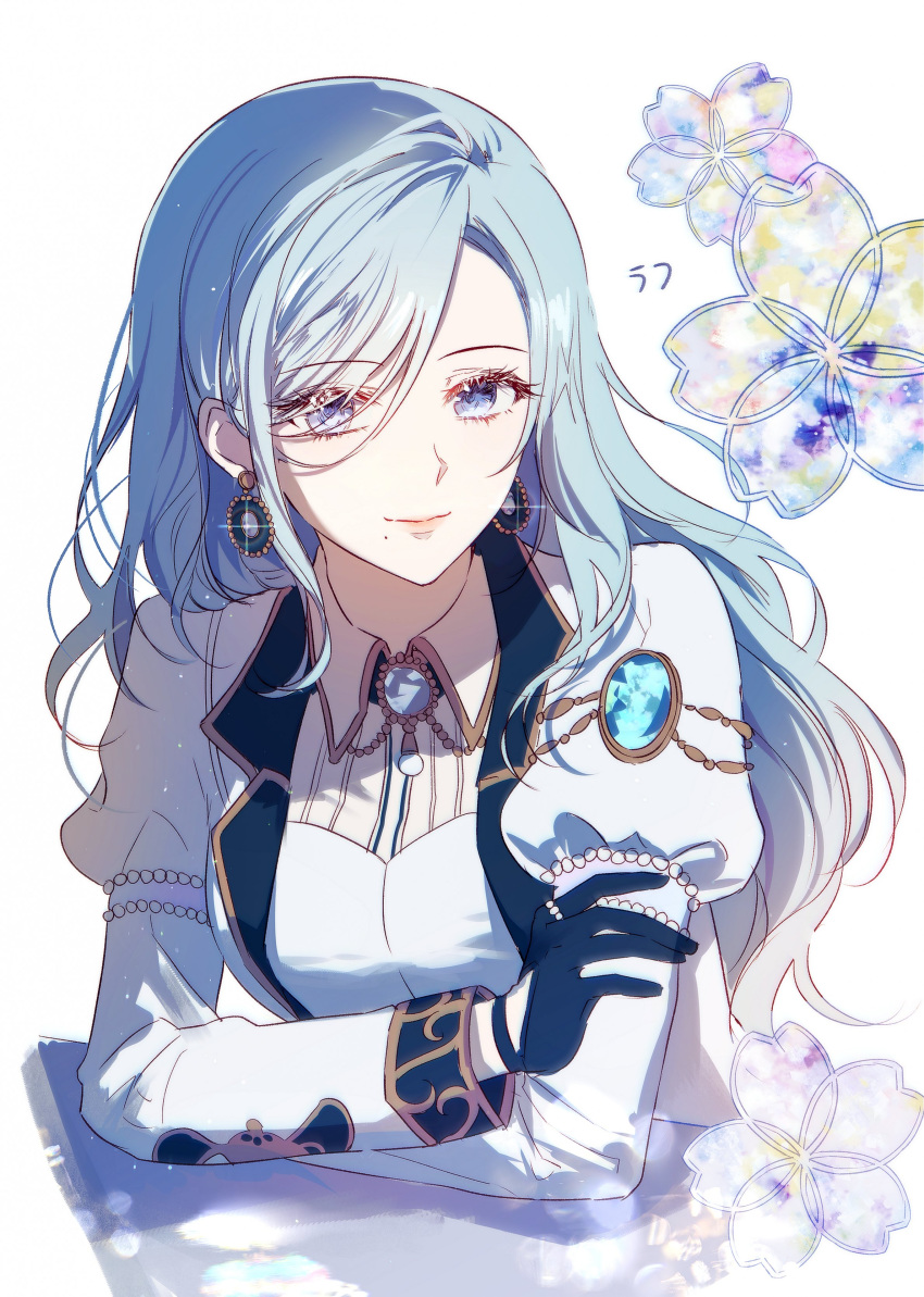 1girl, absurdres, black_gloves, blue_eyes, blue_gemstone, blue_hair, collared_shirt, commentary