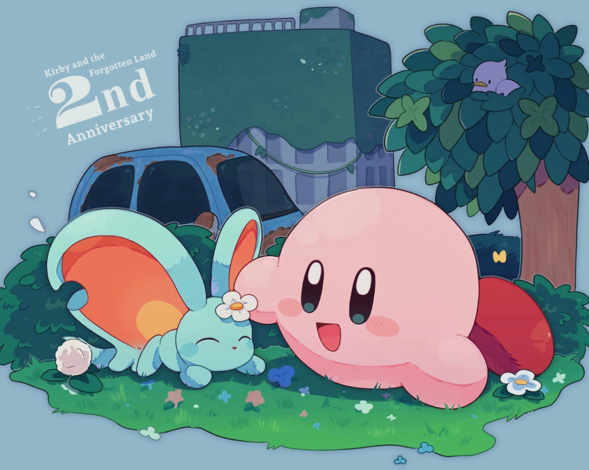 :d, anniversary, bird, black_eyes, blue_background, blush_stickers, bright_pupils, closed_eyes