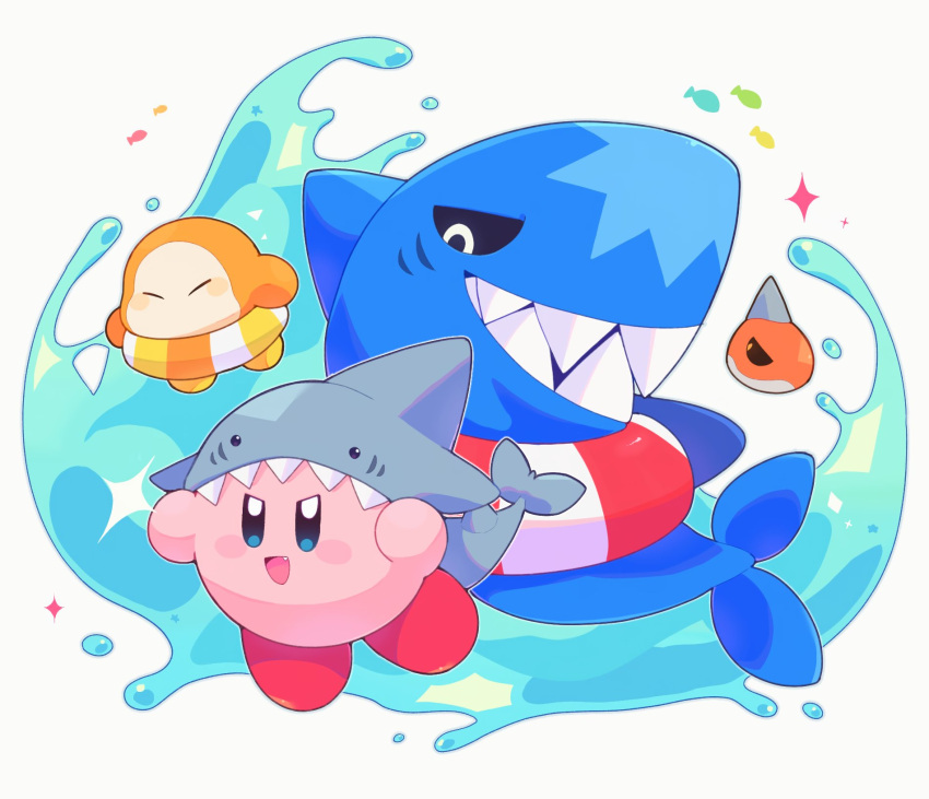 :d, black_eyes, blush_stickers, bright_pupils, closed_eyes, fang, fins, fish_tail