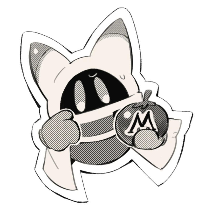 1boy, animal_ears, belt, belt_buckle, belt_collar, buckle, cape, d2k, disembodied_limb, fruit, gloves, greyscale, holding_apple, kirby_(series), magolor, male_focus, simple_background, solo, sweatdrop