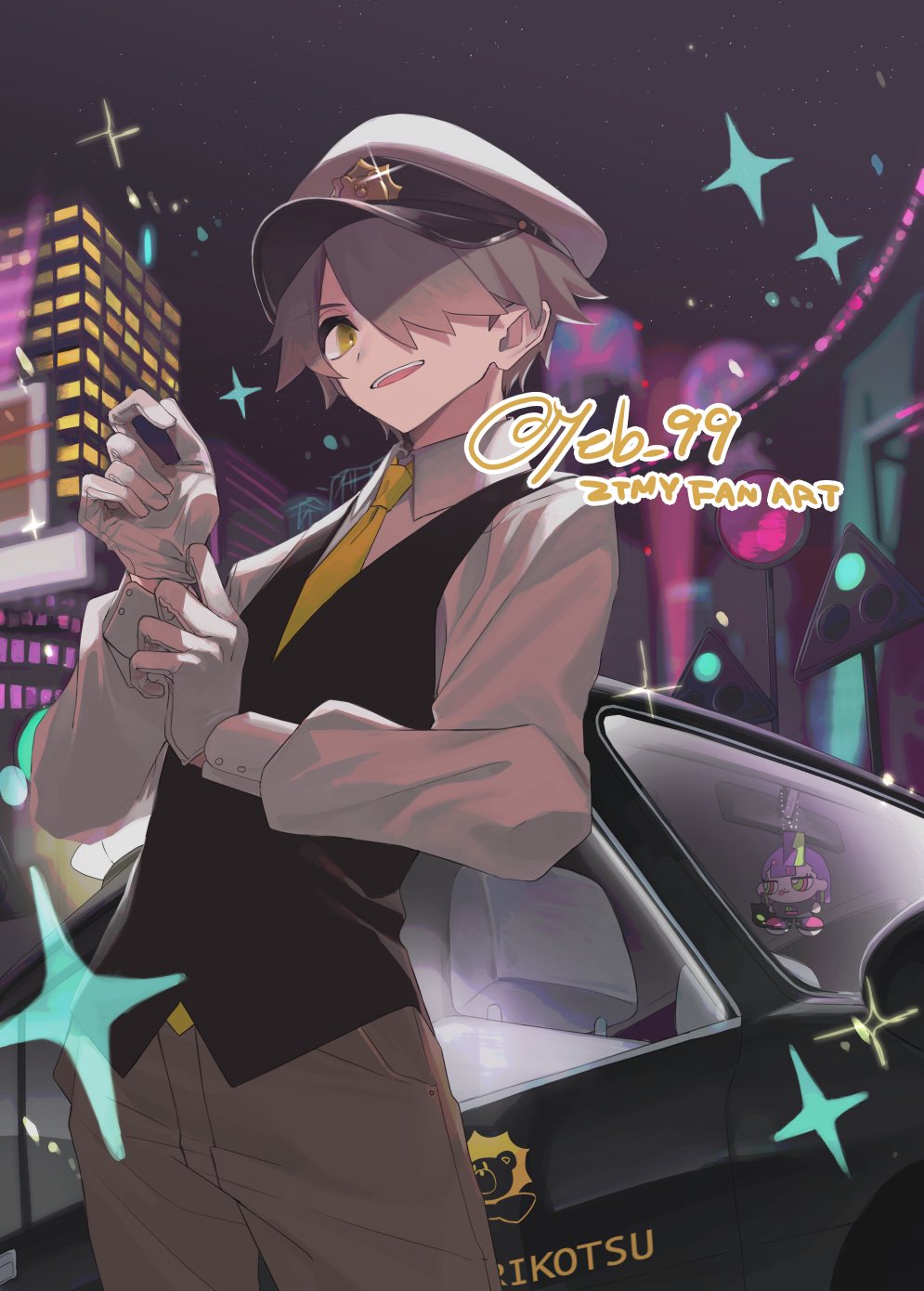 1boy, 2023, artist_name, ascot, car, english_text, gloves, gray-kun_(zutomayo)