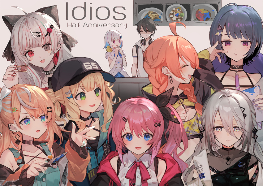 1boy, 6+girls, absurdres, baseball_cap, black_hair, blonde_hair, blue_eyes, blue_hair