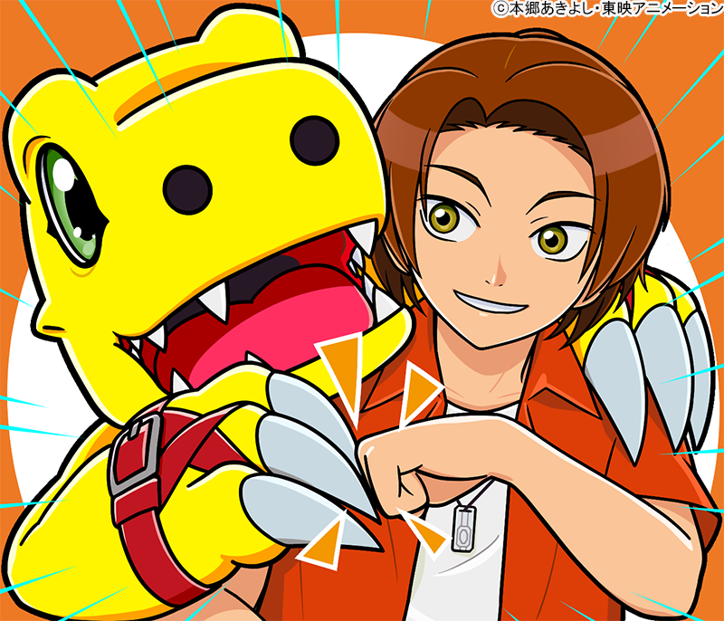 2boys, agumon_(digimon_savers), brown_hair, claws, commentary_request, daimon_masaru_(digimon_savers), digimon, digimon_(creature)