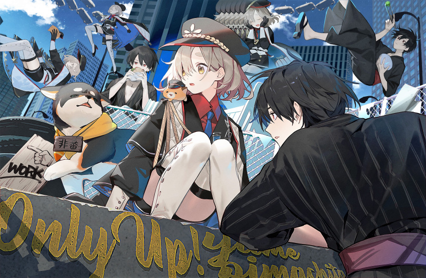 1boy, 1girl, 2others, absurdres, aiguillette, animal_on_shoulder, black_gloves, black_hair, black_jacket, black_kimono, blonde_hair, blue_necktie, boots, cape, character_name, collared_shirt, copyright_name, dog, english_text, gloves, gonzalez_(machita_chima), hamster, hat, highres, iv_4t, jacket, japanese_clothes, kimono, kokumucho_(nijisanji), kuroi_shiba, long_sleeves, machita_chima, machita_chima_(5th_costume), military_uniform, multiple_others, multiple_persona, necktie, nijisanji, only_up!, red_eyes, red_shirt, shiba_inu, shirt, short_hair, thigh_boots, uniform, urban, virtual_youtuber, yellow_eyes, yumeoi_kakeru, yumeoi_kakeru_(2nd_costume)