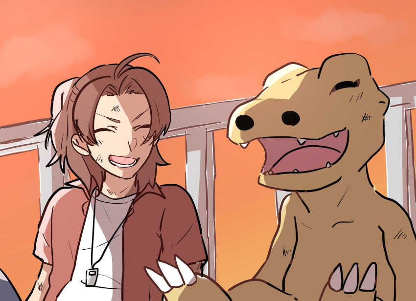 2boys, agumon_(digimon_savers), brown_hair, closed_eyes, clouds, cloudy_sky, commentary, commentary_request, daimon_masaru_(digimon_savers), digimon, digimon_(creature), digimon_savers, dirty, dirty_face, fangs, gotm_tknr, highres, jewelry, matsuno_taiki, medium_hair, multiple_boys, necklace, open_mouth, orange_sky, short_sleeves, sitting, sky, smile, upper_body