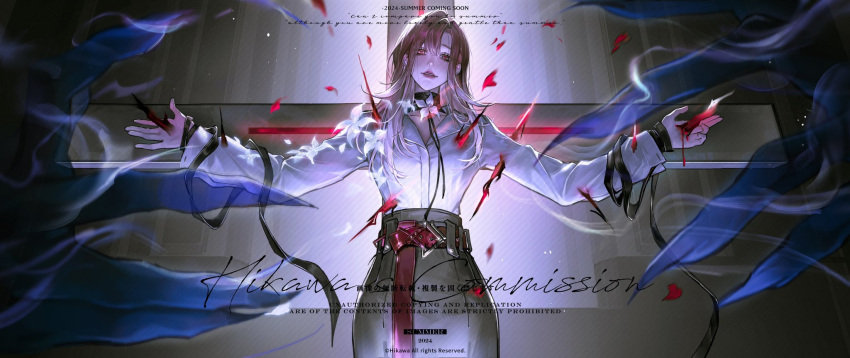 1girl, 1other, belt, blood, choker, cross, feichuan02, flower, from_below, gradient_hair, heterochromia, highres, iron_cross, long_sleeves, looking_at_viewer, looking_down, multicolored_hair, parted_lips, path_to_nowhere, petals, purple_hair, shalom_(path_to_nowhere), smile, solo_focus, stab, symbol-shaped_pupils, thorns, white_hair
