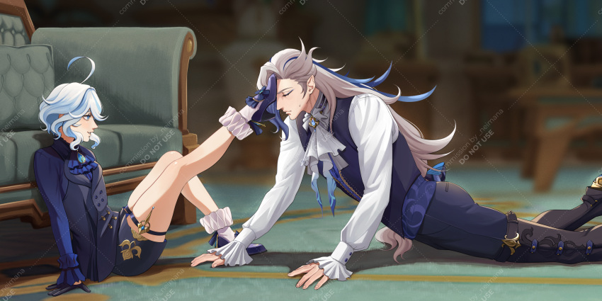 1boy, 1girl, ahoge, artist_name, ascot, bench, black_footwear, black_gloves