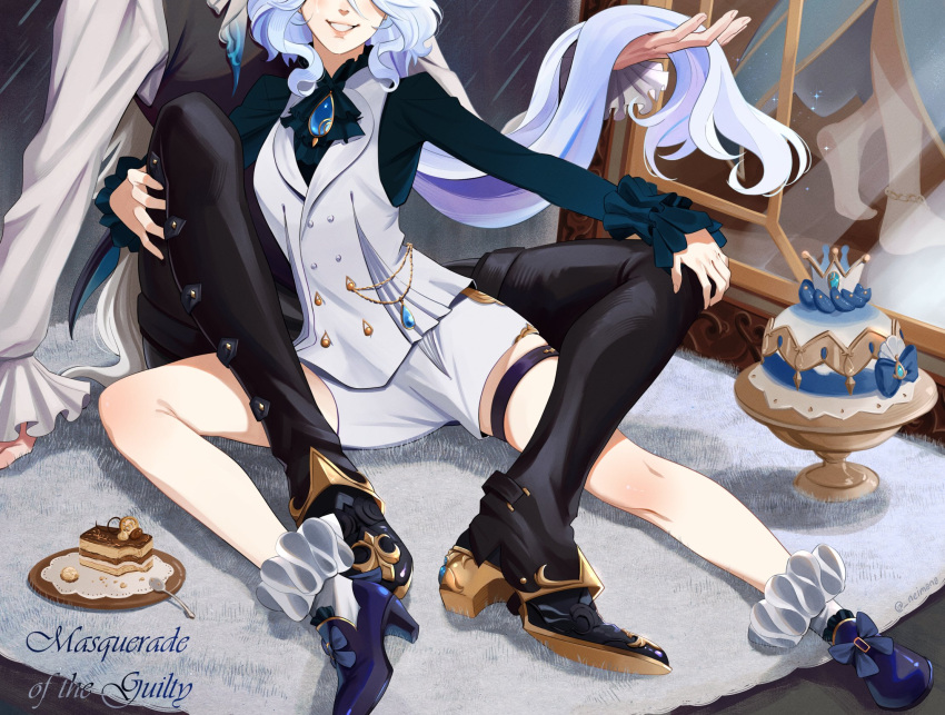 1boy, 2girls, artist_name, ascot, black_ascot, black_footwear, blue_brooch, blue_footwear