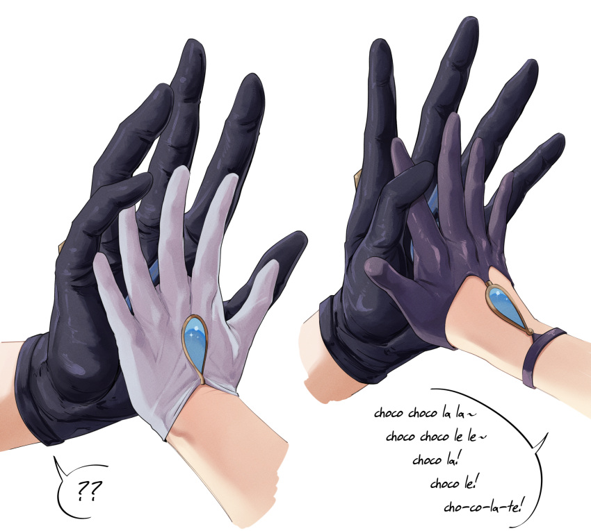 1boy, 1girl, ?, ??, asymmetrical_gloves, black_gloves, english_commentary, english_text