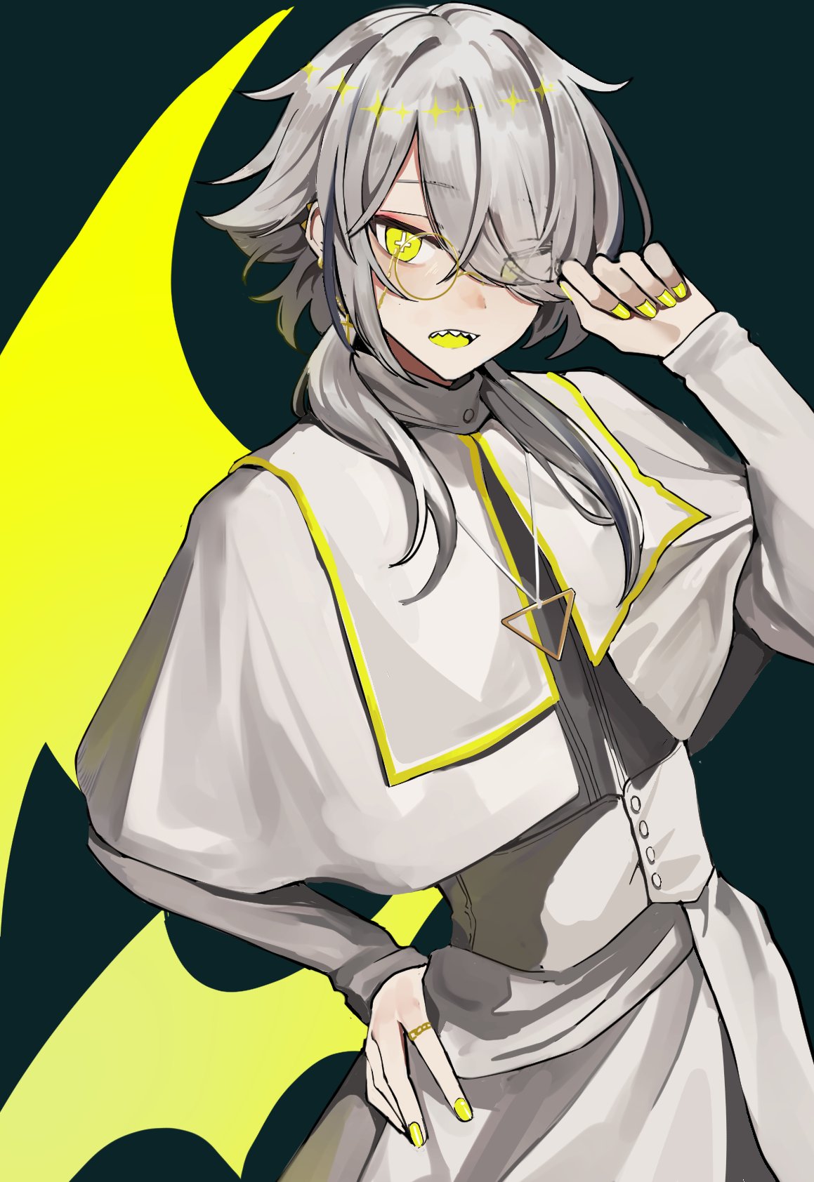 1boy, agamemega, arm_up, black_background, buttons, cross, glasses, hair_between_eyes