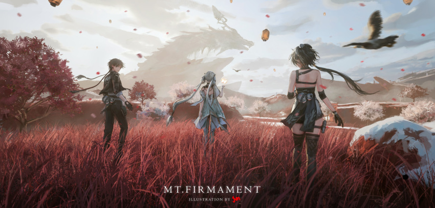 1boy, 2girls, absurdres, artist_name, back, bare_back, bare_shoulders, bird