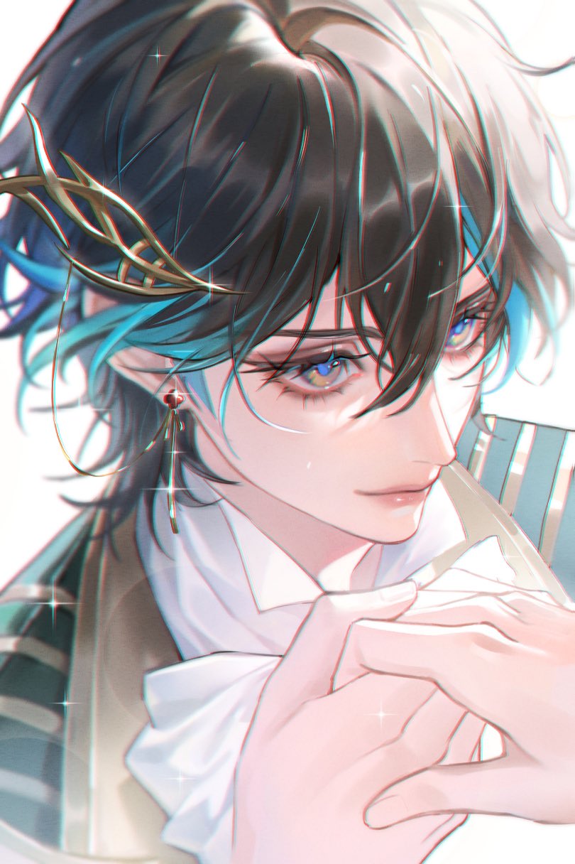1girl, black_hair, chromatic_aberration, cinnabar_(path_to_nowhere), earrings, feichuan02, from_above, gradient_hair
