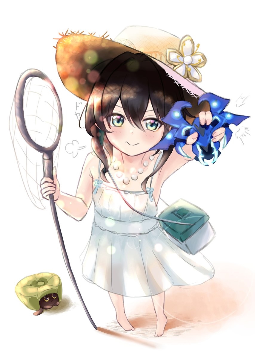 1girl, ashy_paste_(honkai:_star_rail), calamy, dress, hat, highres, honkai:_star_rail, honkai_(series), jewelry, necklace, non-web_source, pearl_necklace, ruan_mei_(honkai:_star_rail), solo, sound_effects, starcrusher_swarm_king:_skaracabaz, straw_hat