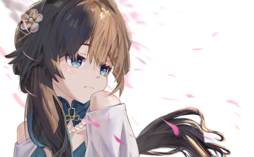 1girl, aqua_eyes, bead_necklace, beads, brown_hair, closed_mouth, highres, honkai:_star_rail