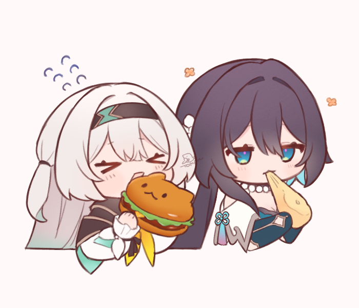>_<, 2girls, 7mb_yut, aqua_eyes, eating, firefly_(honkai:_star_rail), hair_intakes, hair_ribbon