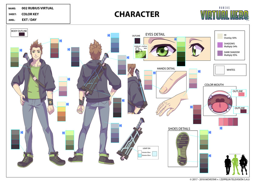 1boy, bandaged_hand, bandages, black_footwear, black_jacket, blue_pants, brown_hair, color_guide, concept_art, denim, green_eyes, green_shirt, hand_on_own_hip, huge_weapon, jacket, jeans, lolita_aldea, long_sleeves, looking_at_viewer, official_art, pants, reference_sheet, rubius, shirt, smile, solo, sword, virtual_hero, weapon, weapon_on_back