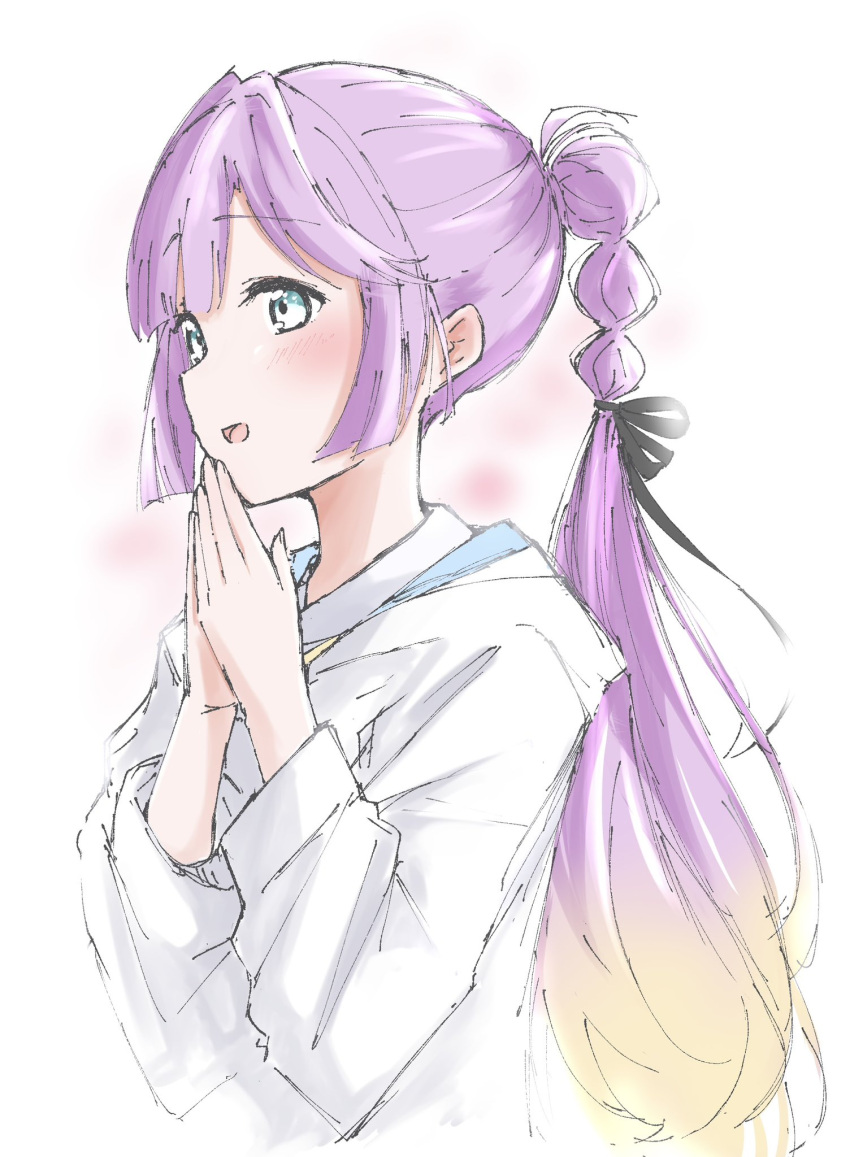 1girl, ahoge, anyoji_hime, black_ribbon, blonde_hair, blue_eyes, blunt_bangs, check_commentary