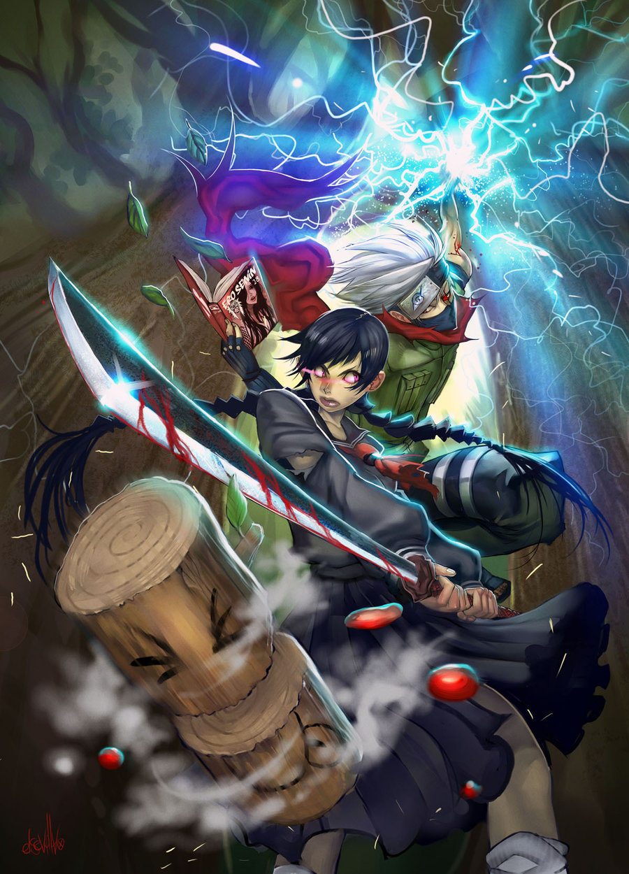 battle, black_hair, blood, blood_the_last_vampire, book, couple, crossover, duel