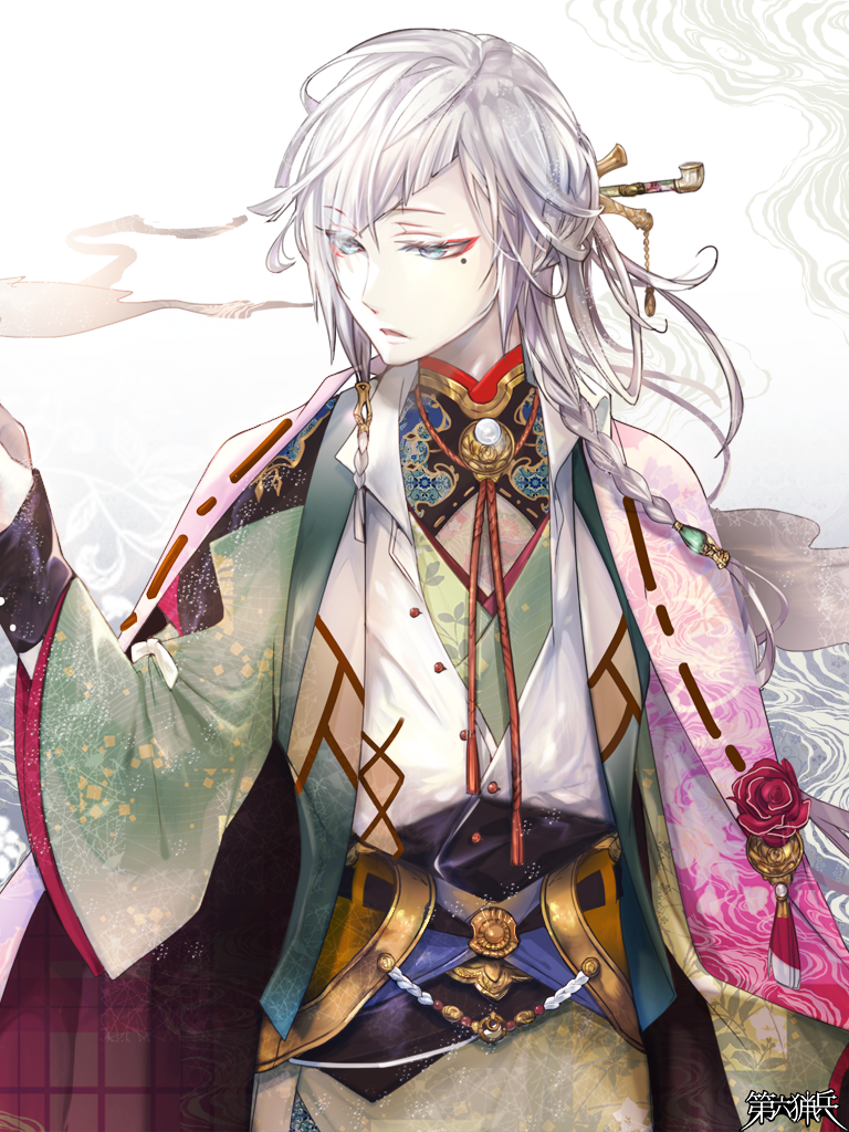 1boy, blue_eyes, copyright_name, dairoku_ryouhei, eyeshadow, grey_hair, hair_ornament, hair_stick