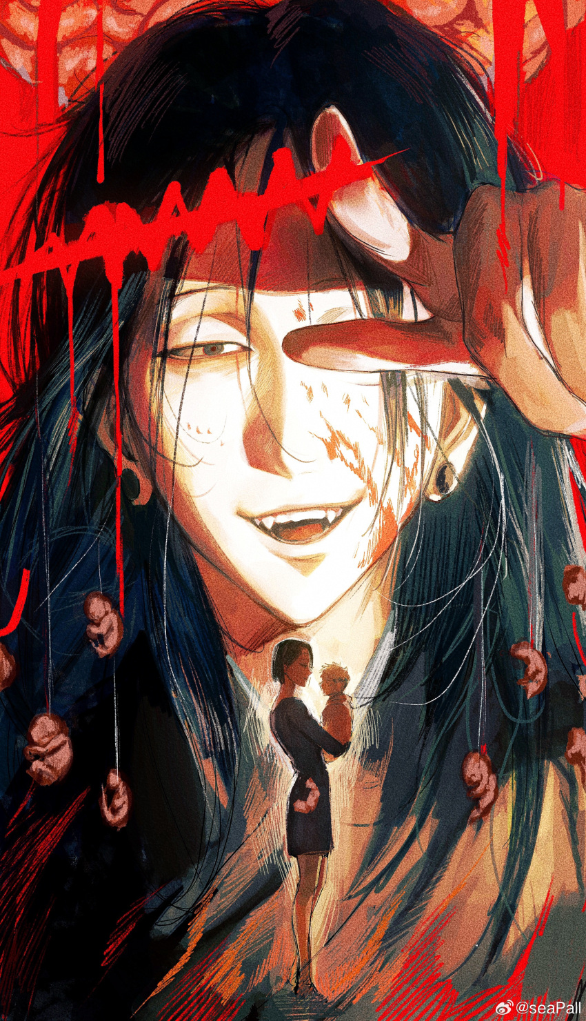 1girl, 2boys, absurdres, black_hair, blood, blood_on_face, earrings, fangs