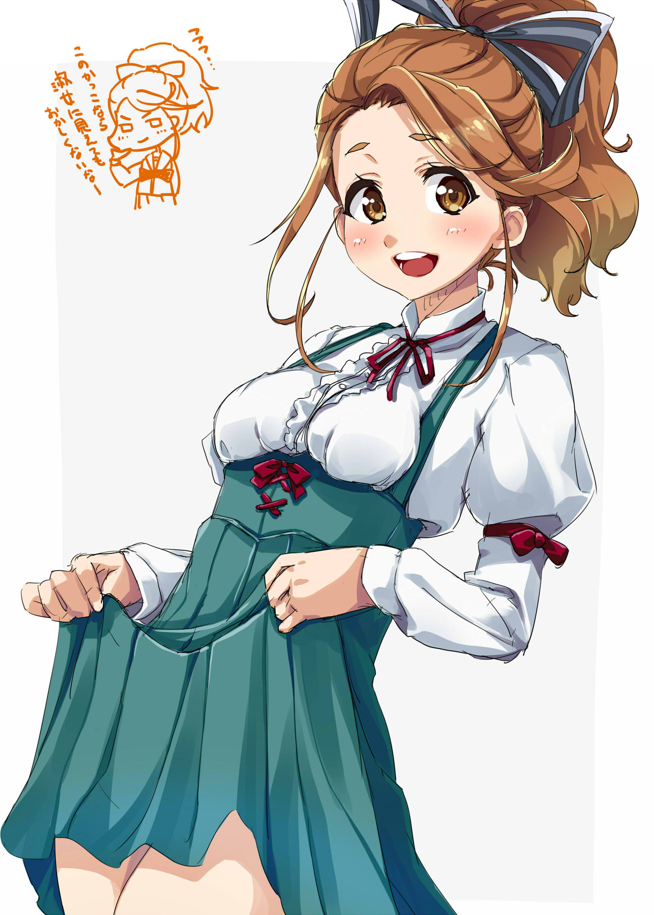 1girl, 22/7, bow, brown_eyes, brown_hair, green_skirt, hair_bow, hair_ribbon