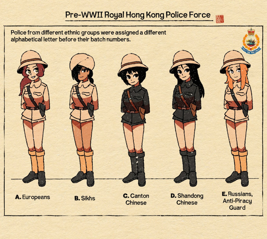 5girls, arms_behind_back, black_hair, blonde_hair, brown_hair, custodian_helmet, dark-skinned_female, dark_skin