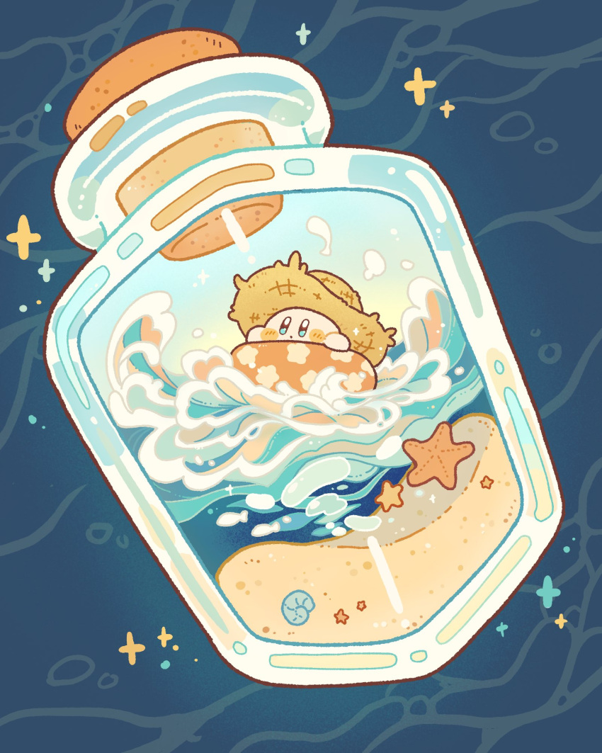 black_eyes, blush_stickers, bright_pupils, commentary, harukui, hat, highres, jar