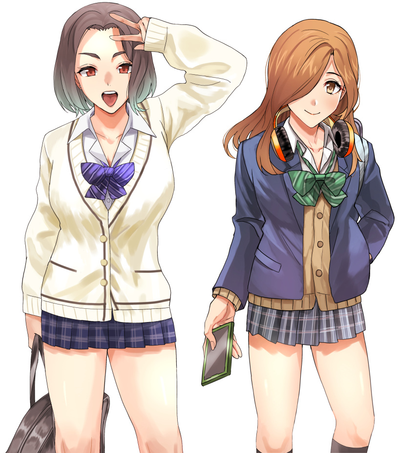absurdres, bag, blazer, bow, bowtie, breasts, brown_hair, cardigan