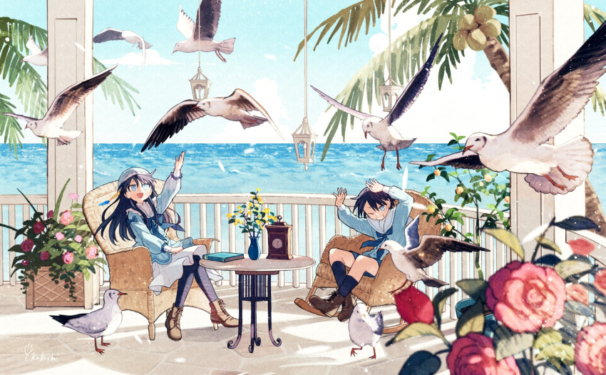 2girls, analog_clock, bird, blue_eyes, book, boots, brown_footwear, chair