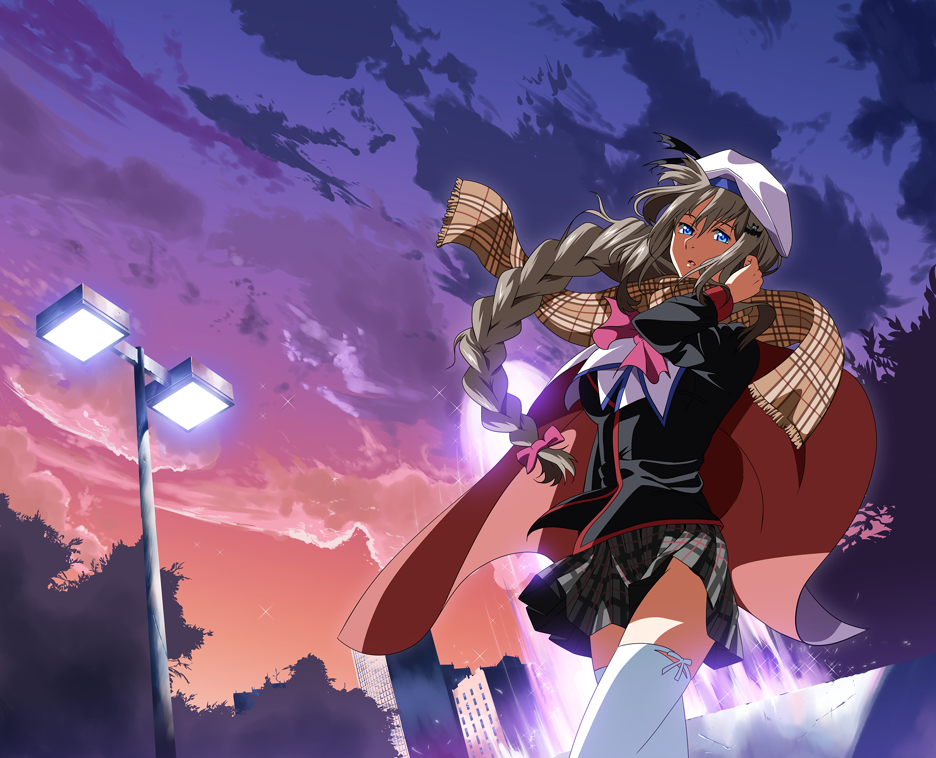 blonde_hair, blue_eyes, braid, city, hat, k3, k3_(dolphin_brain), lamppost, little_busters!!, long_hair, noumi_kudryavka, skirt, sky, thigh-highs, thighhighs, zettai_ryouiki