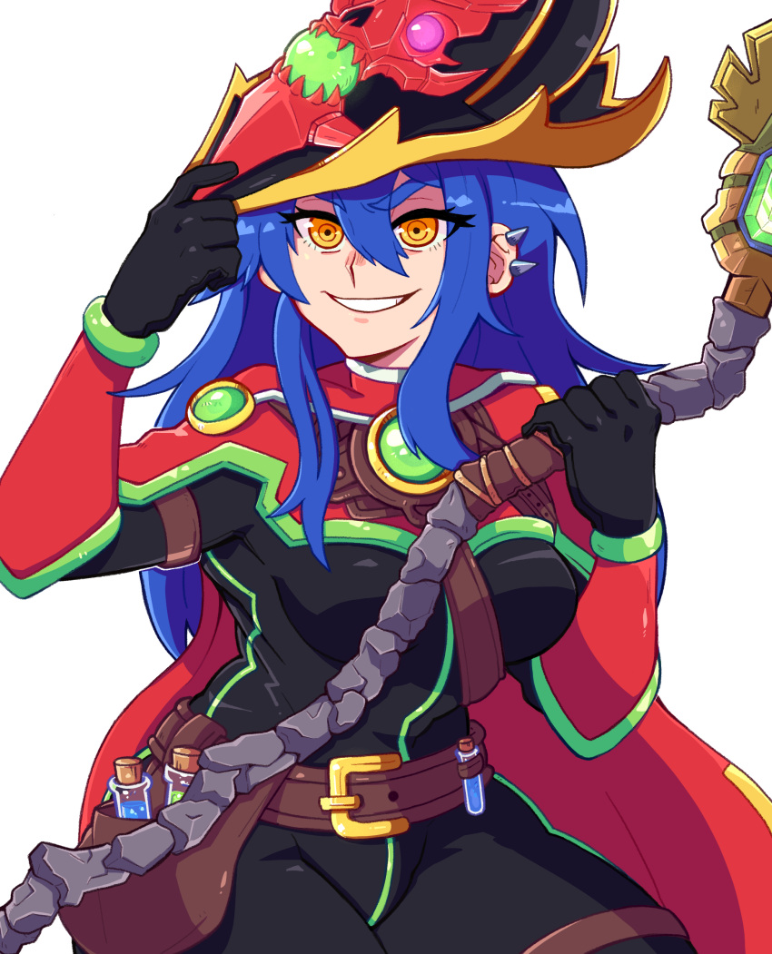 1girl, absurdres, armor, belt_buckle, belt_pouch, black_gloves, blue_hair, bodysuit, boots, breasts, buckle, cape, commentary, commission, completionist_cape_(runescape), cowboy_shot, dang_(runescape), duellist's_cap_(tier_6), english_commentary, engram66, gloves, hand_on_headwear, hat, highres, holding, holding_staff, long_hair, mage_staff, medium_breasts, original, potion, pouch, runescape, simple_background, smile, solo, spiked_ear_piercing, staff, staff_of_armadyl_(runescape), thick_eyebrows, vial, weapon, yellow_eyes