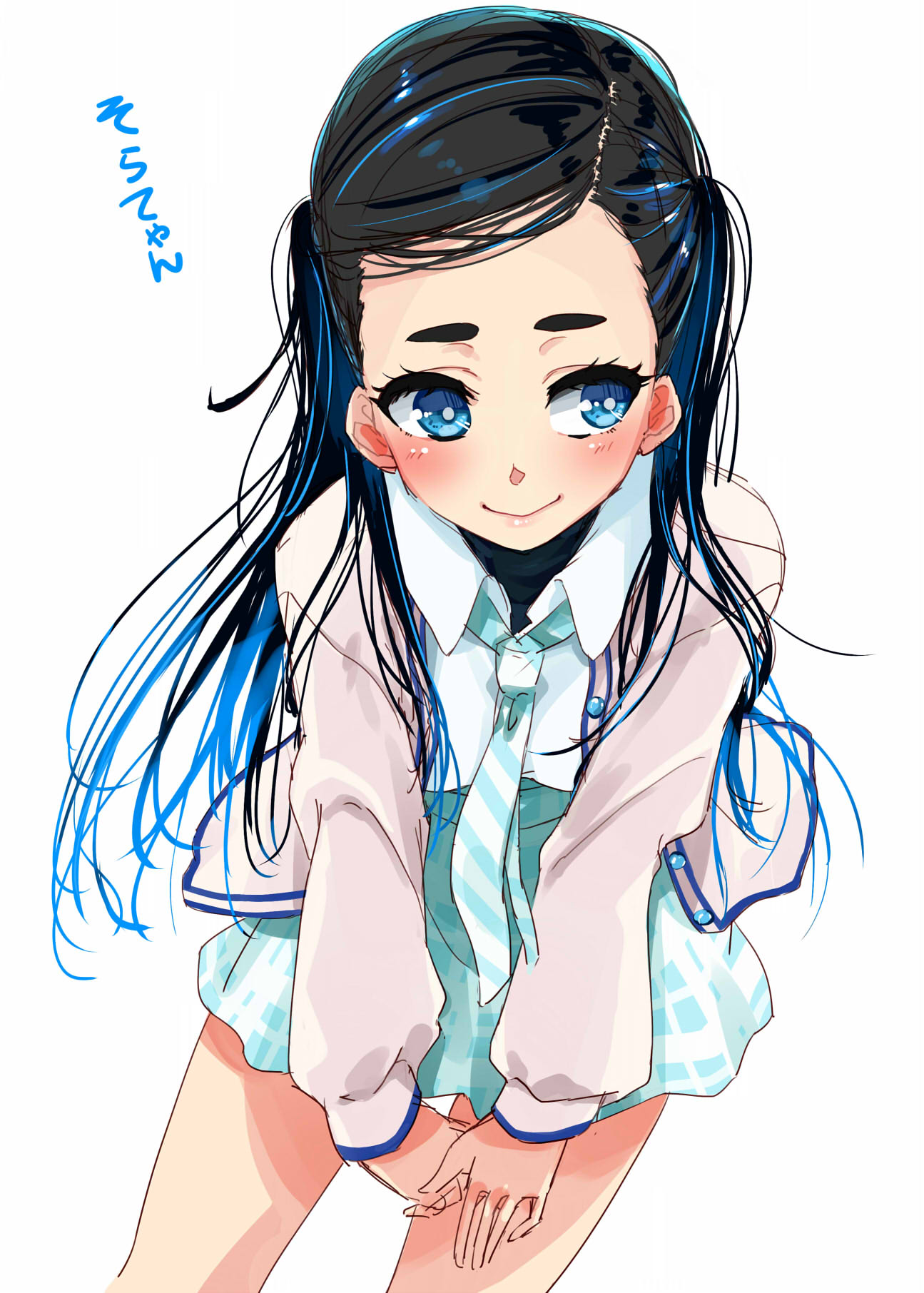 1girl, 22/7, black_hair, blue_eyes, blue_hair, blue_necktie, blue_skirt, blush