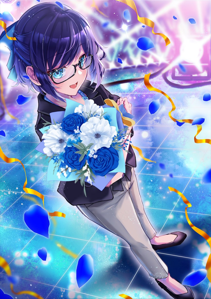 1girl, :d, a-chan_(2nd_costume)_(hololive), a-chan_(hololive), black-framed_eyewear, black_footwear, black_jacket, blue_bow