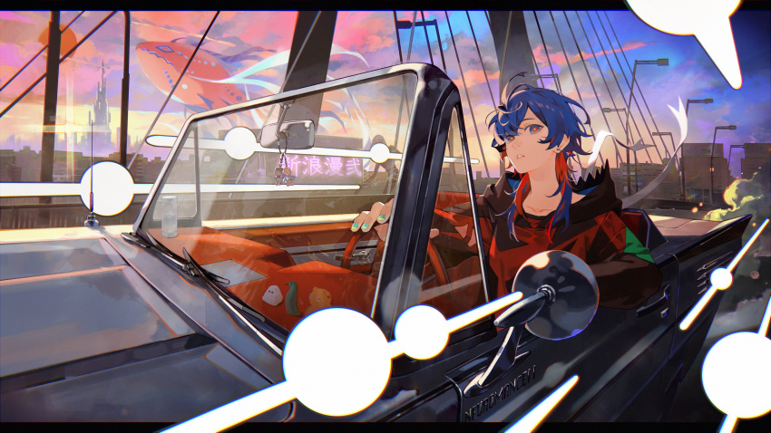 1girl, absurdres, black_jacket, blue_background, blue_eyes, blue_hair, bridge, building