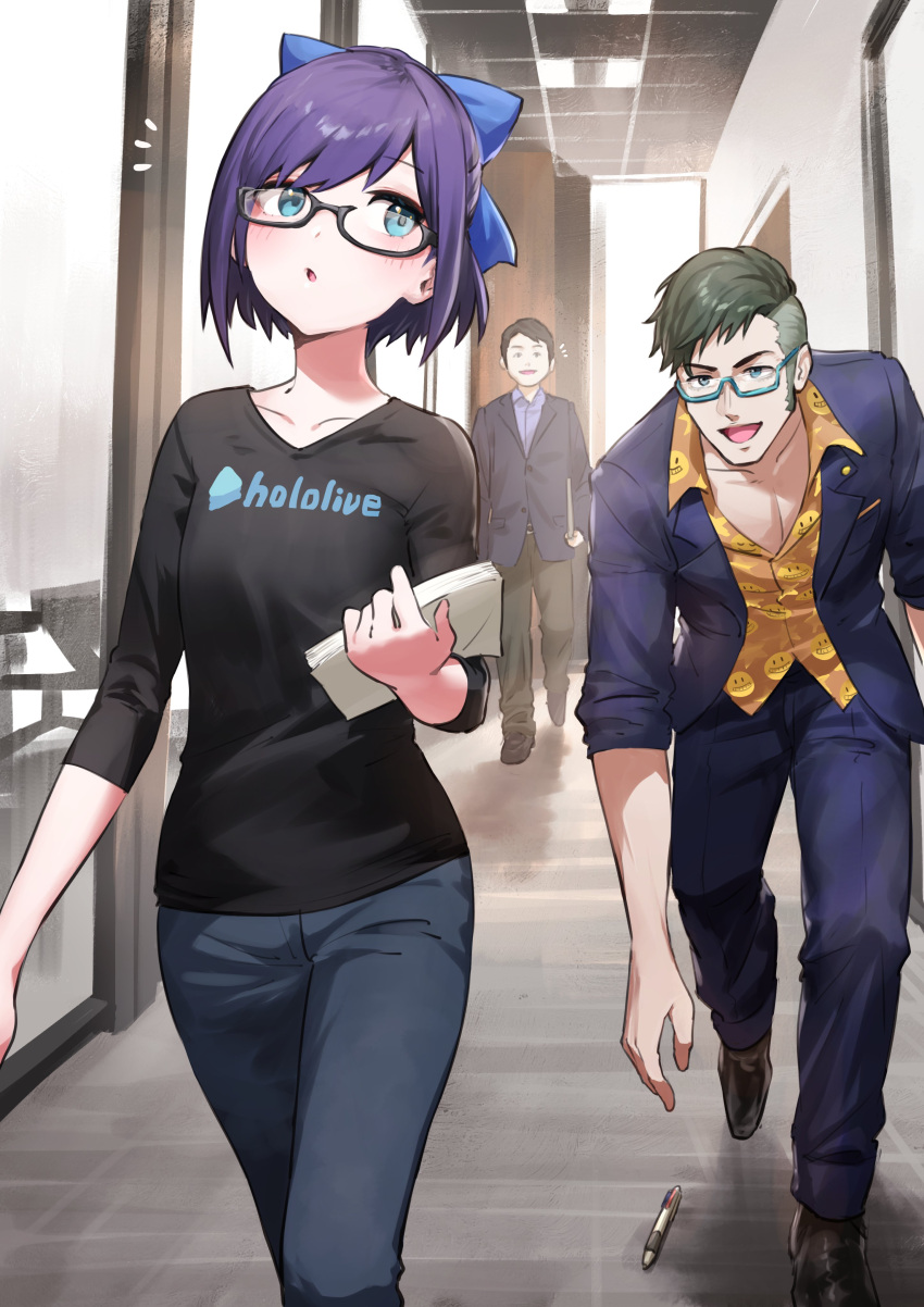 1girl, 2boys, :d, a-chan_(1st_costume)_(hololive), a-chan_(hololive), absurdres, black_hair, black_shirt
