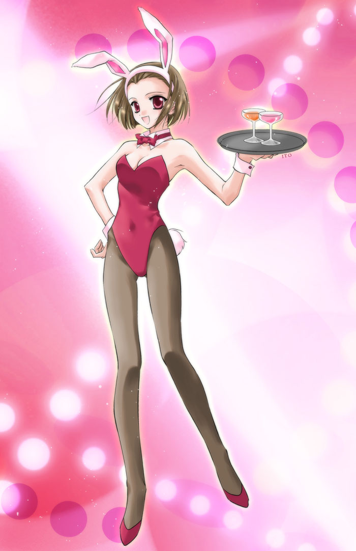 brown_hair, bunny_ears, bunnysuit, cup, detective_conan, ito, legs, pantyhose