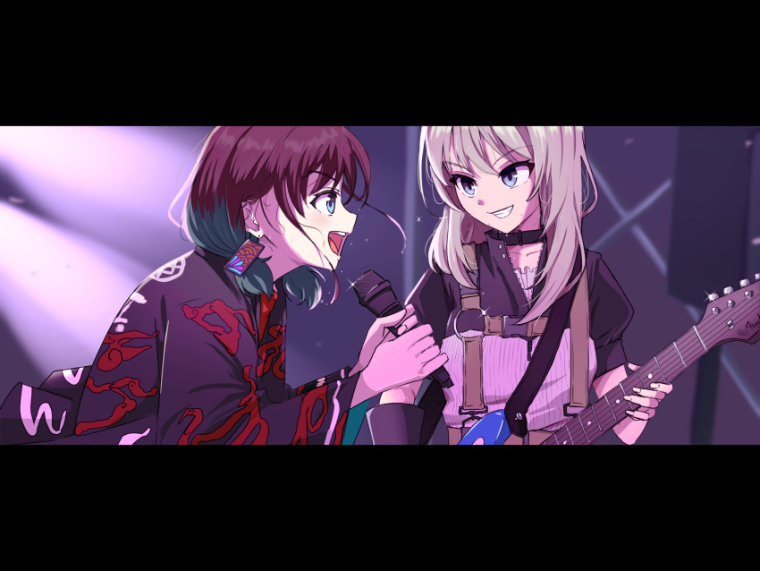 2girls, black_jacket, blue_eyes, blue_hair, commentary_request, earrings, electric_guitar, girls_band_cry