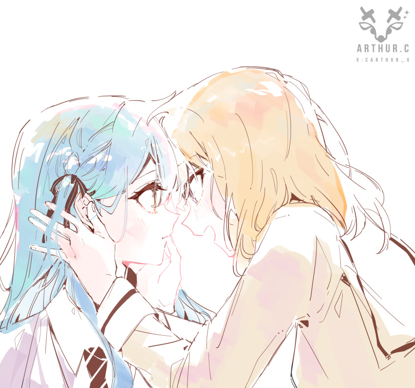 2girls, absurdres, arthur_c, artist_name, bang_dream!, bang_dream!_it's_mygo!!!!!, black_ribbon, blonde_hair, blue_hair, brown_dress, commentary, dress, forehead-to-forehead, grey_jacket, hair_ribbon, hanasakigawa_school_uniform, hand_on_another's_face, haneoka_school_uniform, heads_together, highres, jacket, long_hair, medium_hair, misumi_uika, multiple_girls, open_mouth, parted_lips, ribbon, sailor_dress, school_uniform, shirt, simple_background, smile, togawa_sakiko, two_side_up, violet_eyes, white_background, white_shirt, yellow_eyes, yuri