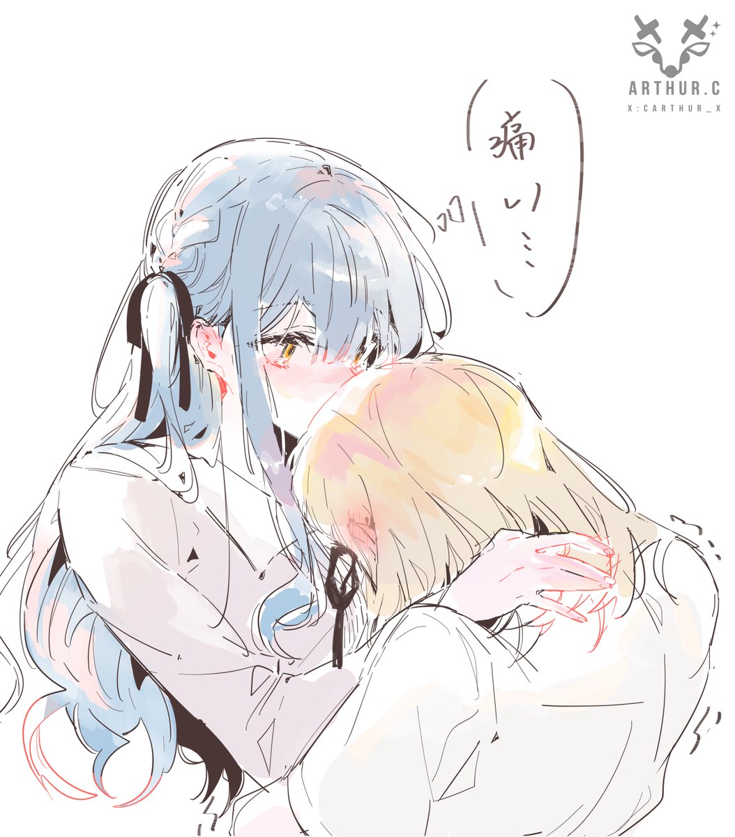 2girls, arthur_c, artist_name, bang_dream!, bang_dream!_it's_mygo!!!!!, blonde_hair, blue_hair, blush, commentary, ear_blush, grey_shirt, hand_on_another's_head, head_on_chest, highres, hug, long_hair, medium_hair, misumi_uika, multiple_girls, shirt, short_sleeves, simple_background, thought_bubble, togawa_sakiko, translation_request, two_side_up, upper_body, white_background, white_shirt, yellow_eyes, yuri