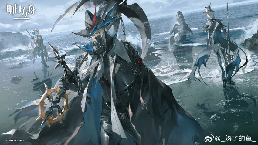 1boy, 3girls, anchor, arknights, black_cape, black_gloves, black_hat, black_pants
